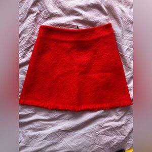 Zara Red Orange Textured Tweed Mini Skirt Frayed Hem A Line XS